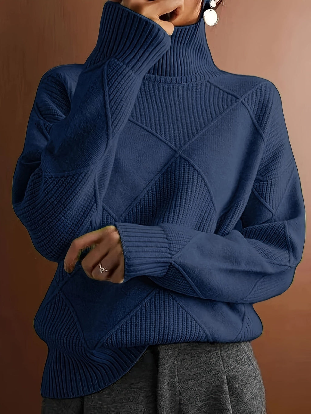 Women's Relaxed High Neck Jumper with Diamond Knit Pattern