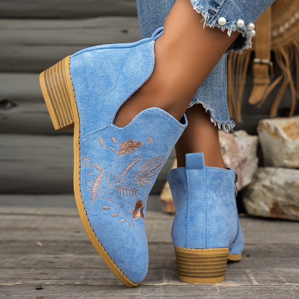 Women's Pointed V-Cut Ankle Boots with Stitched Embroidery