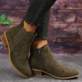 Women's Minimal Suede-Look Ankle Boots on a Low Block Heel - Olive Green