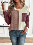 Women's Patch Pocket Cable-Knit Jumper with Two-Tone Panels