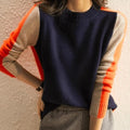 Women's Slim-Fit Cotton Jumper with Bold Block Stripes - Navy