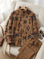 Women's All-Over Pattern Plush Jacket with Relaxed Fit and Zip