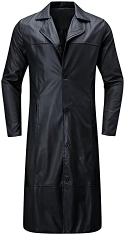 Men's Vintage-Inspired Longline Faux Leather Coat with Subtle Sheen - Black