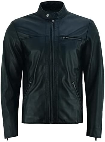 Men's Waist-Length Soft Lambskin Racer Jacket with Zipped Pockets - Black