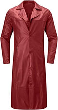 Men's Vintage-Inspired Longline Faux Leather Coat with Subtle Sheen - Red