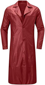 Men's Vintage-Inspired Longline Faux Leather Coat with Subtle Sheen - Red