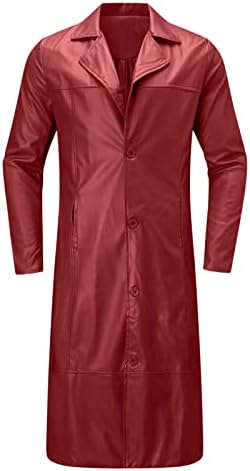 Men's Vintage-Inspired Longline Faux Leather Coat with Subtle Sheen - Red