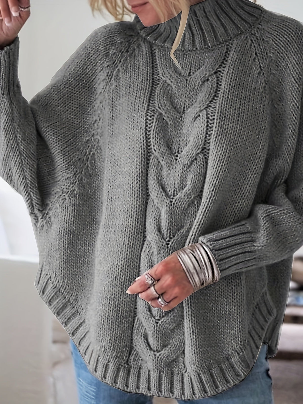 Women's Funnel Neck Thick-Knit Jumper with Cable Stitching