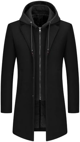 Men's Layered-Look Wool-Blend Long Coat with Built-In Hood - Black