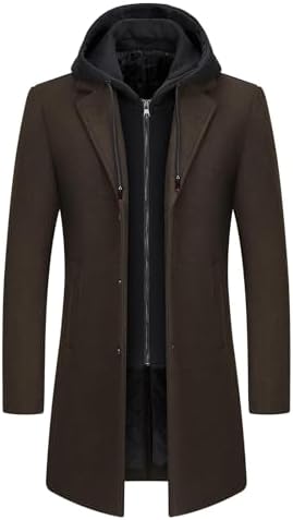 Men's Layered-Look Wool-Blend Long Coat with Built-In Hood - Dark Brown