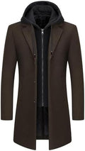 Men's Layered-Look Wool-Blend Long Coat with Built-In Hood - Dark Brown