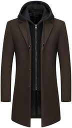 Men's Layered-Look Wool-Blend Long Coat with Built-In Hood - Dark Brown