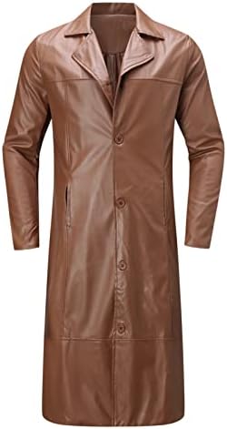 Men's Vintage-Inspired Longline Faux Leather Coat with Subtle Sheen - Brown