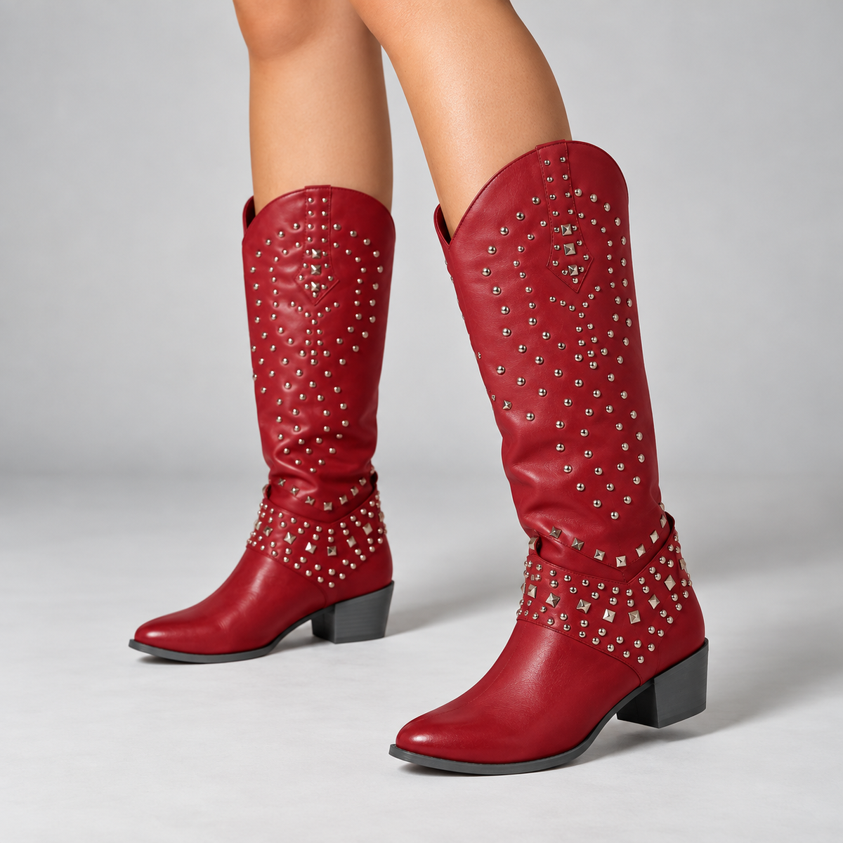 Women's Rivet-Studded Cowgirl Boots with Pointed Toe and Block Heel - Red