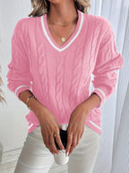 Women's Drop-Shoulder V-Neck Cable Jumper with Striped Trims