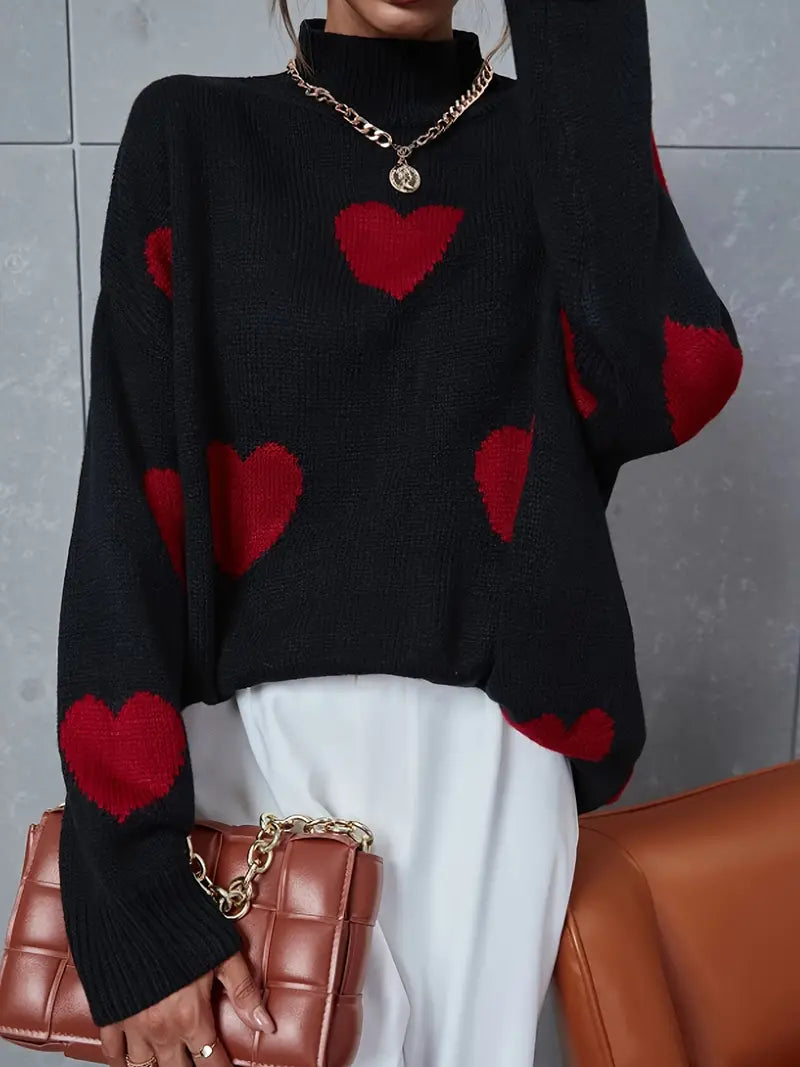 Women's Relaxed Print Knit Jumper with Ribbed Roll Neck