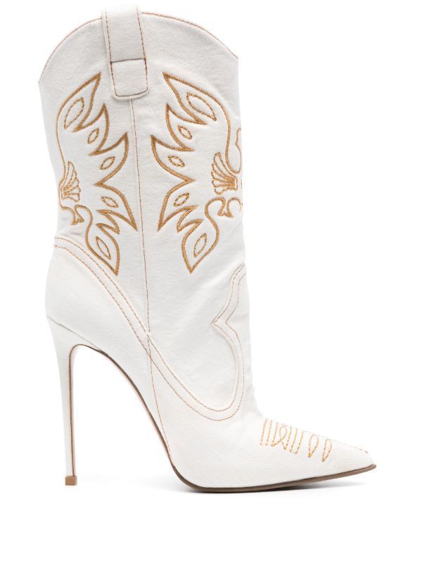 Women's Tall Embroidered Denim Stiletto Boots with Pointed Toe - White