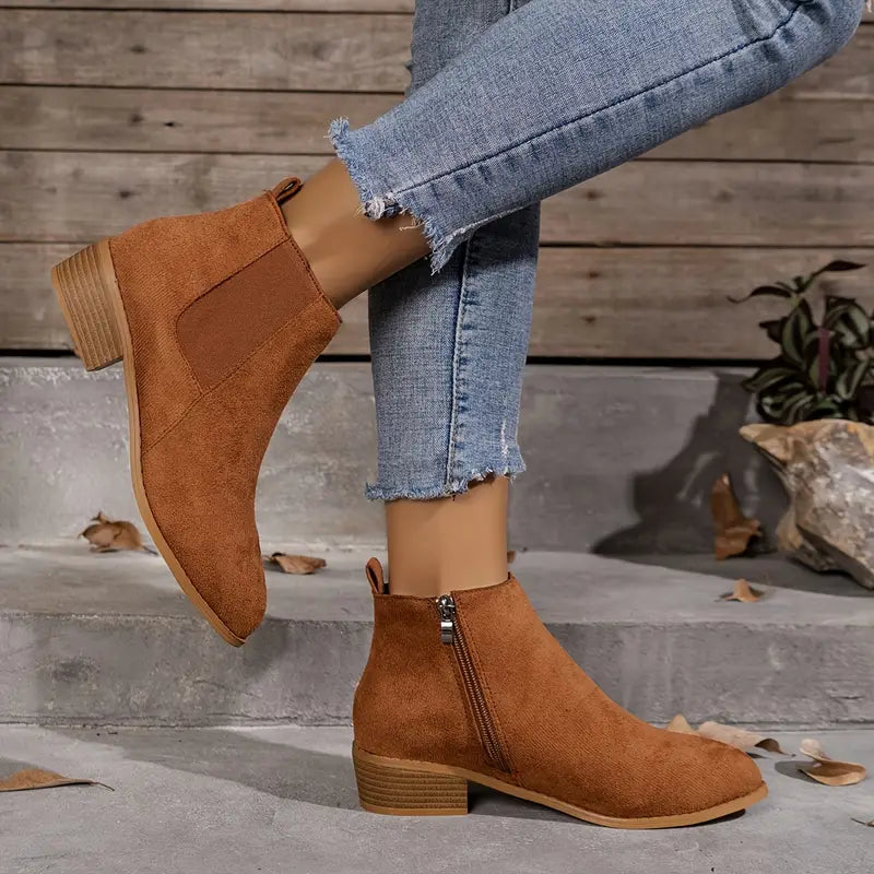 Women's Minimal Suede-Look Ankle Boots on a Low Block Heel - Brown