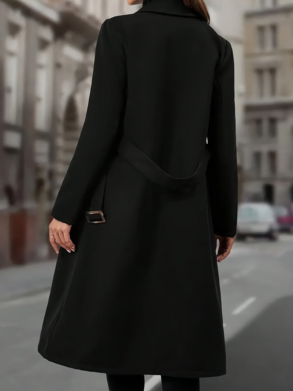 Women's Clean-Lined Double-Breasted Long Coat with Deep Pockets