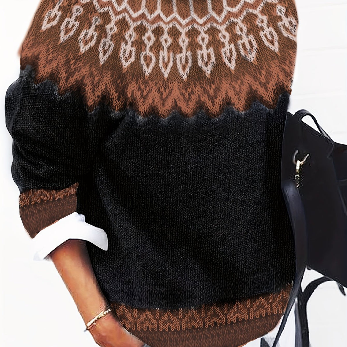 Women's Warm Jacquard Chunky Knit Jumper with Crew Neck - Dark Brown