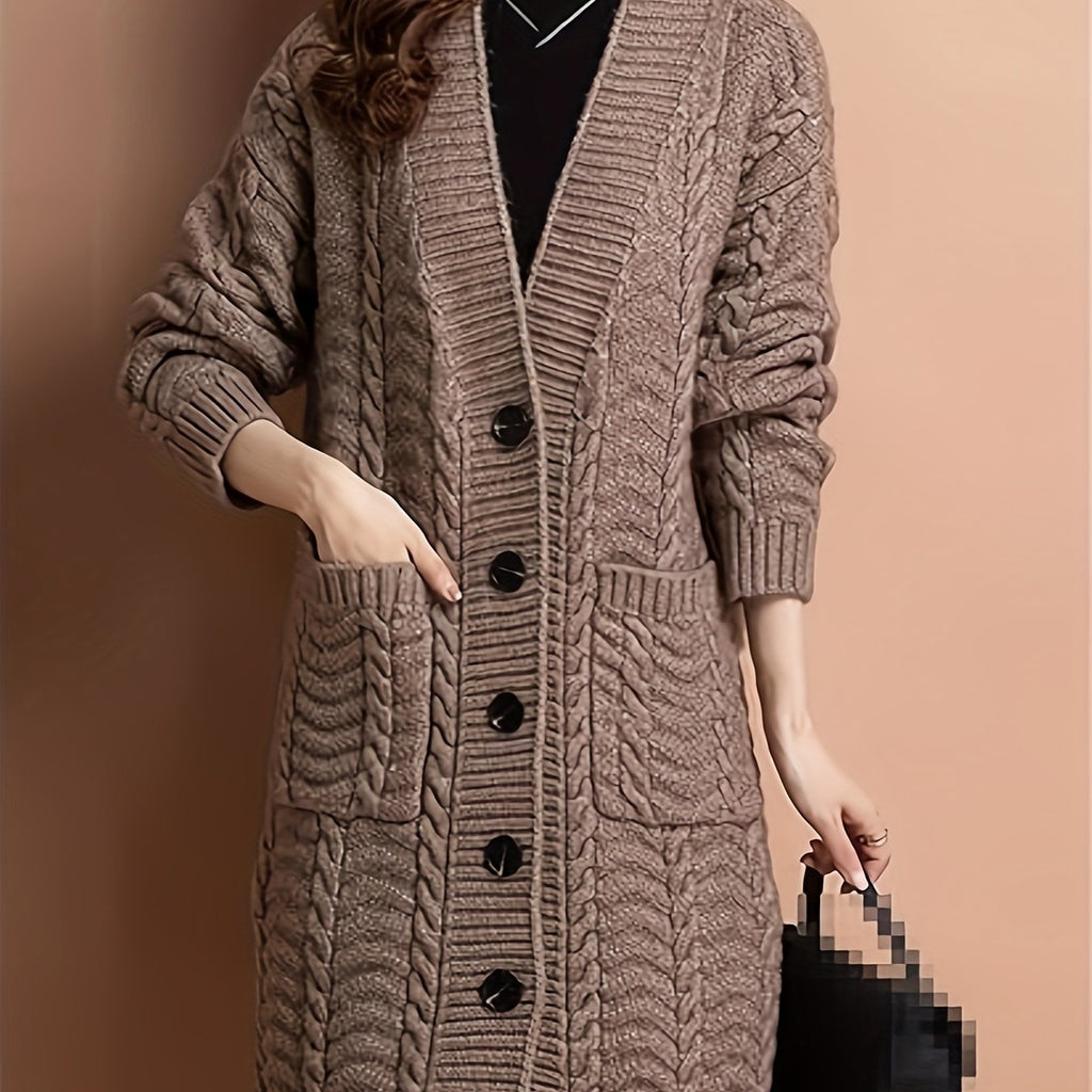 Women's Two-Pocket Cable-Knit Button Cardigan in Long Length - Sepia