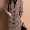 Women's Two-Pocket Cable-Knit Button Cardigan in Long Length - Sepia