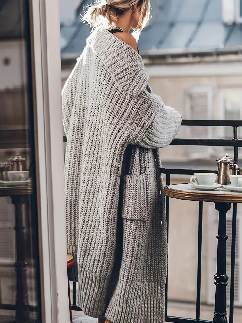 Women's Open-Front Rib-Knit Longline Cardigan with Roomy Sleeves