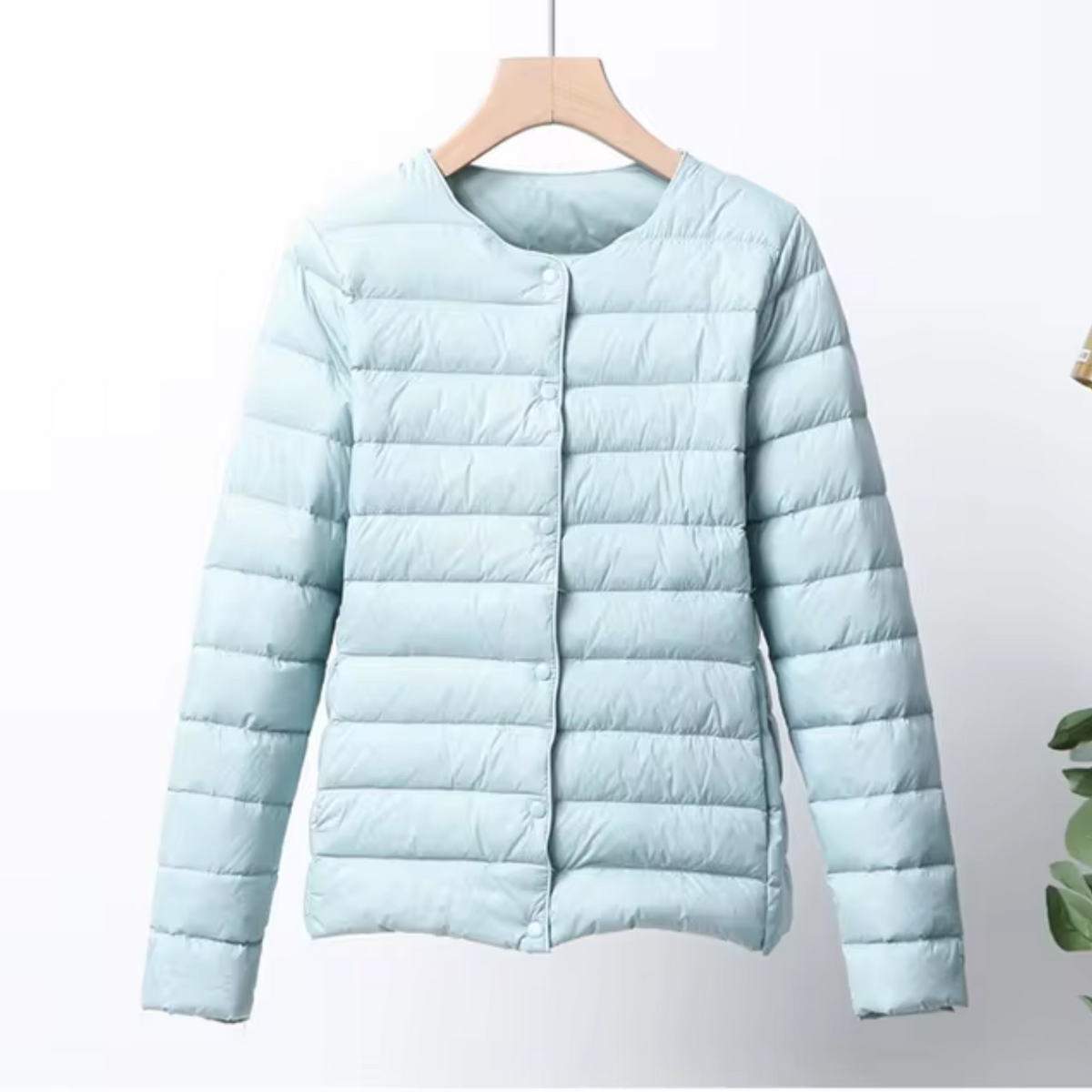 Women's Narrow-Quilted Collarless Down Layering Jacket - Light Blue