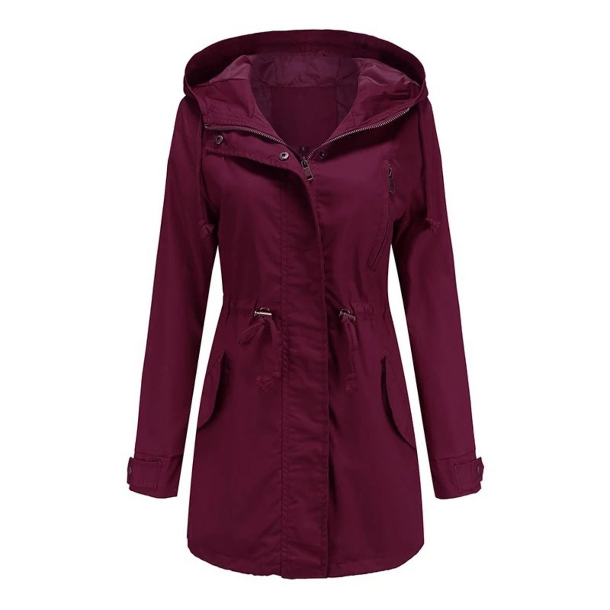 Women's Mid-Length Drawstring Utility Jacket with Integrated Hood - Wine Red