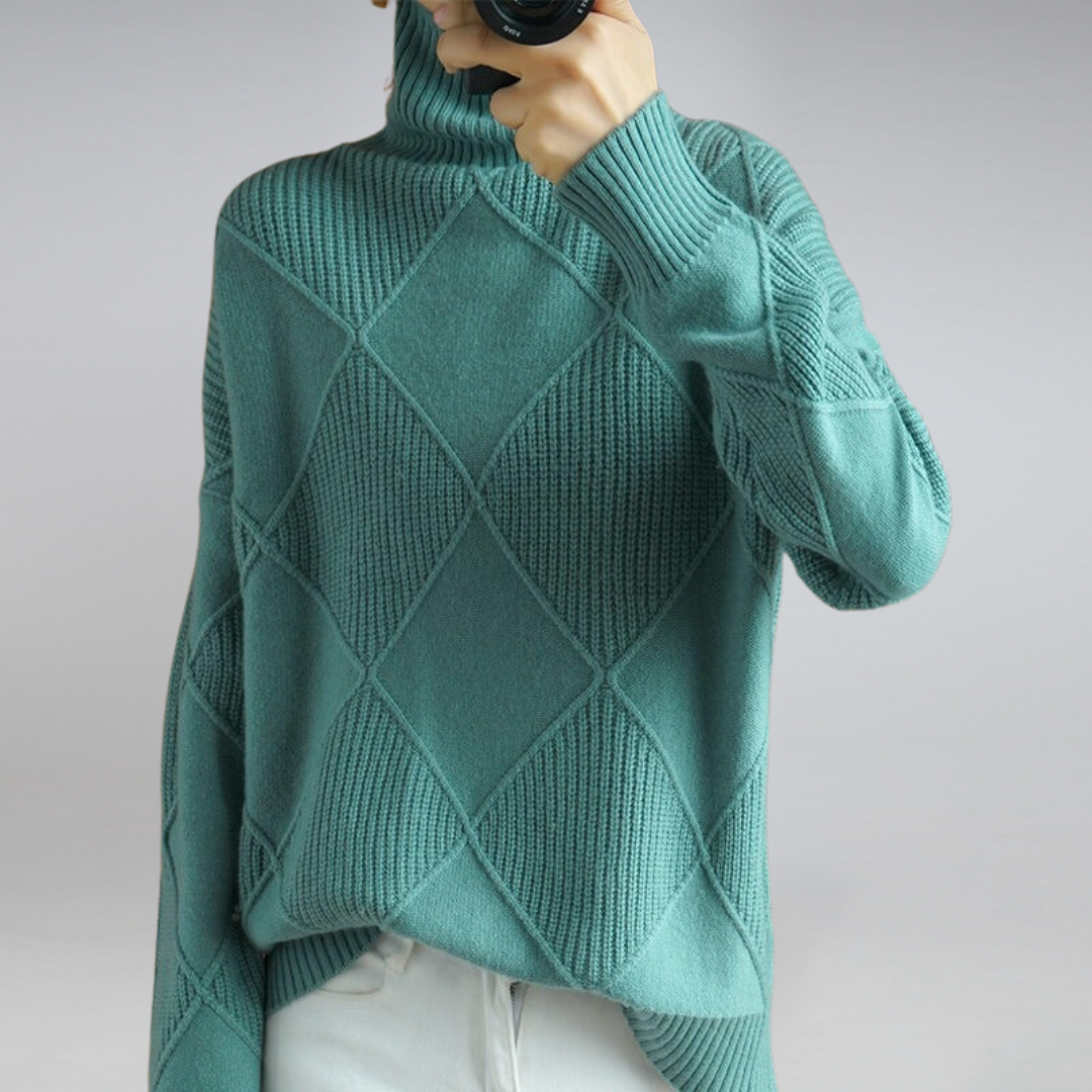 Women's Diamond Motif Roll Neck Jumper in Breathable Wool Blend - Turquoise