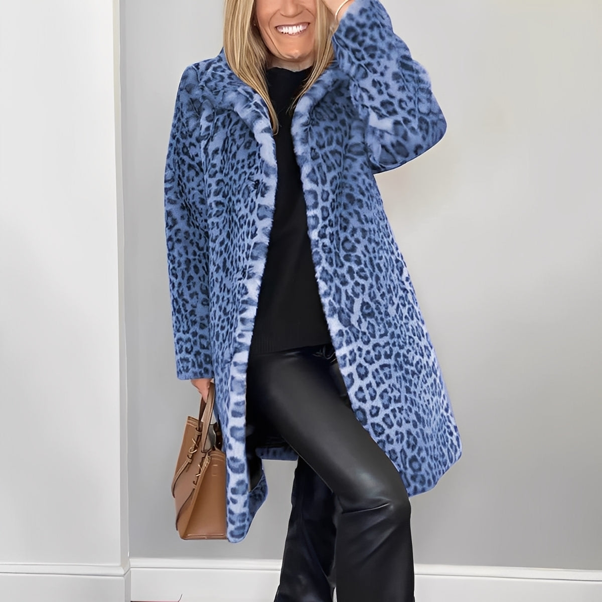 Women's Relaxed Longline Leopard Faux Fur Coat with Full Collar - Blue