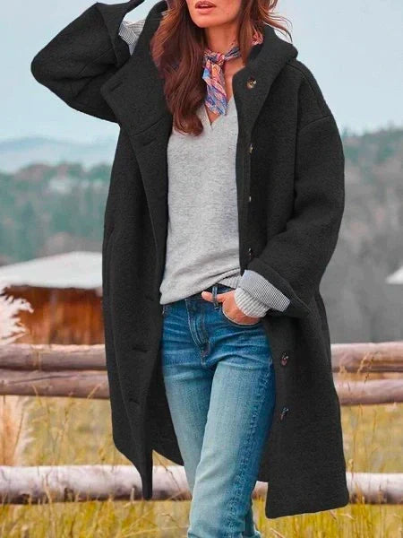 Women's Textured Dropped-Shoulder Overcoat with Roomy Sleeves - Black