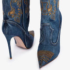 Women's Tall Embroidered Denim Stiletto Boots with Pointed Toe