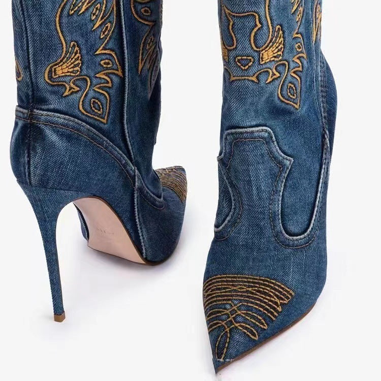 Women's Tall Embroidered Denim Stiletto Boots with Pointed Toe