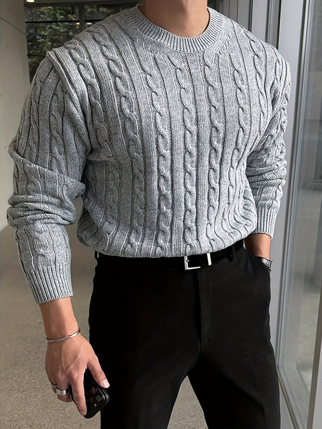 Men's Raised Cable Crew Neck Jumper for Office Layering