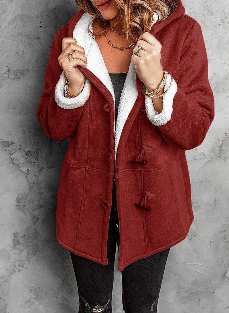 Women's Roomy Toggle-Fastening Duffle Coat with Lined Hood - Dark Red