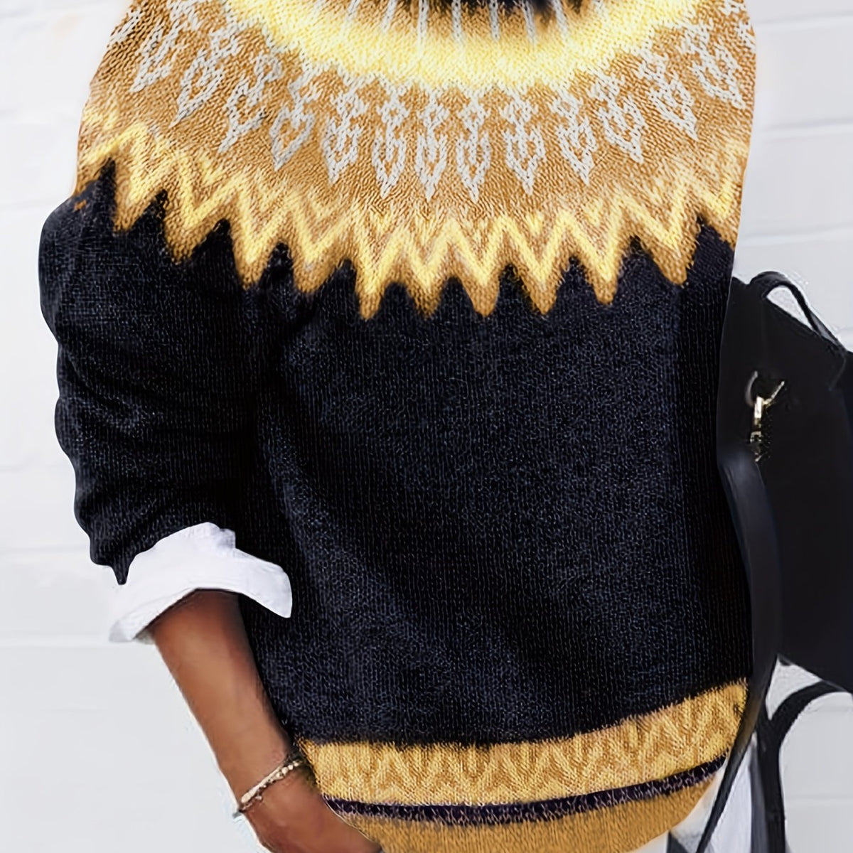 Women's Warm Jacquard Chunky Knit Jumper with Crew Neck - Lemon Yellow