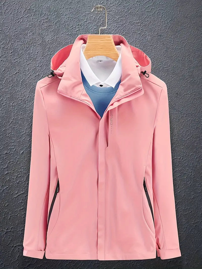 Women's Windproof Zip-Up Softshell Jacket with Hood and High Collar - Light Pink