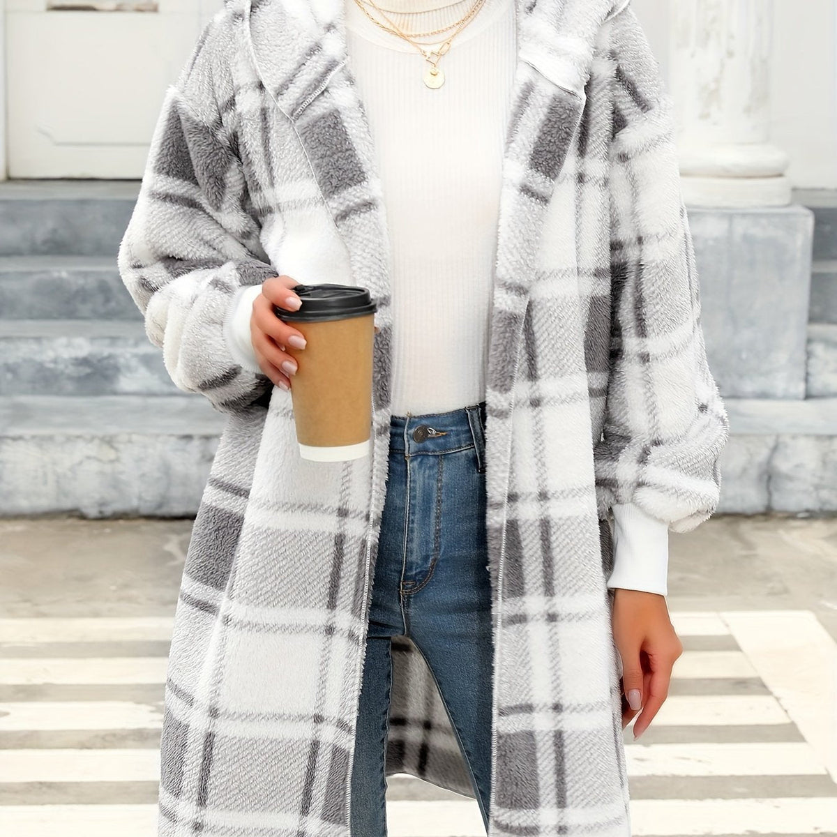 Women's Timeless Check Draped Cardigan for Cosy Evenings In - Light Grey