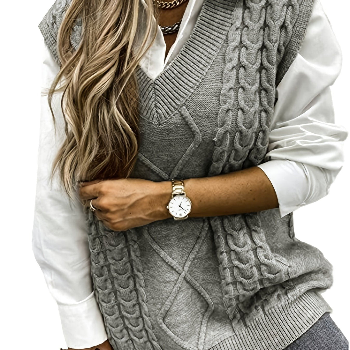Women's Sleeveless Cable Knit Layering Slipover with V-Neck - Grey