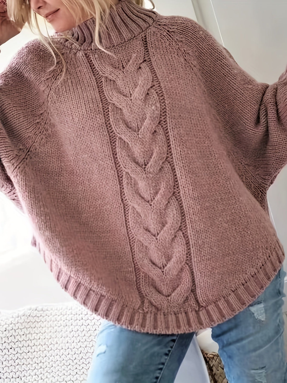 Women's Funnel Neck Thick-Knit Jumper with Cable Stitching