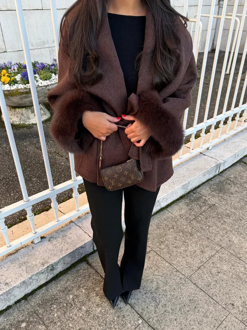 Women's Fur-Trim Cuff Wool Coat with Wide Shawl Collar and Tie Belt - Dark Brown