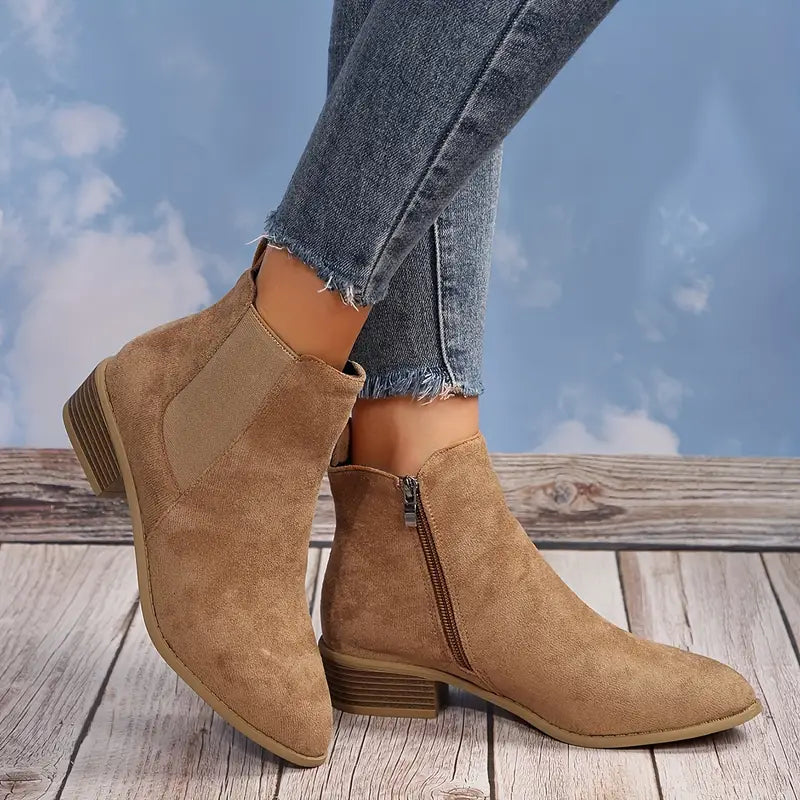 Women's Minimal Suede-Look Ankle Boots on a Low Block Heel - Khaki