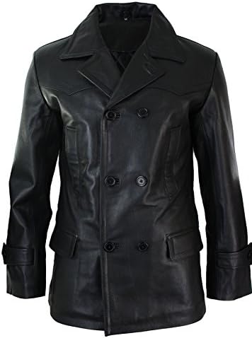 Men's Three-Quarter Real Leather Peacoat with Broad Notched Lapels - Black
