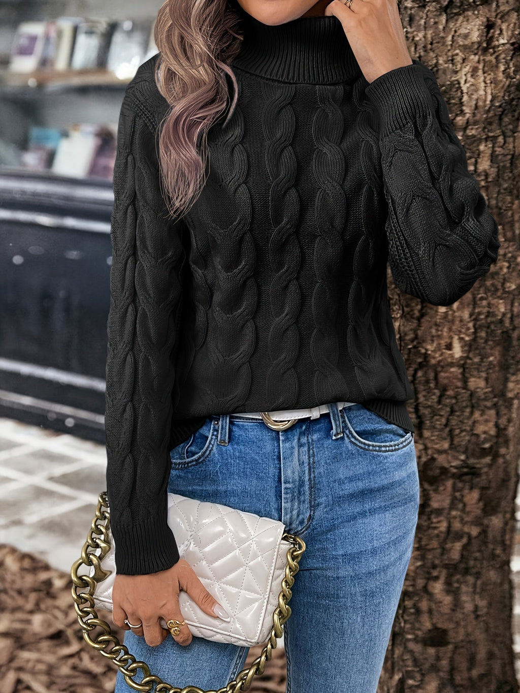 Women's Lightly Shaped Twisted Cable Roll Neck Jumper