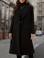 Women's Clean-Lined Double-Breasted Long Coat with Deep Pockets