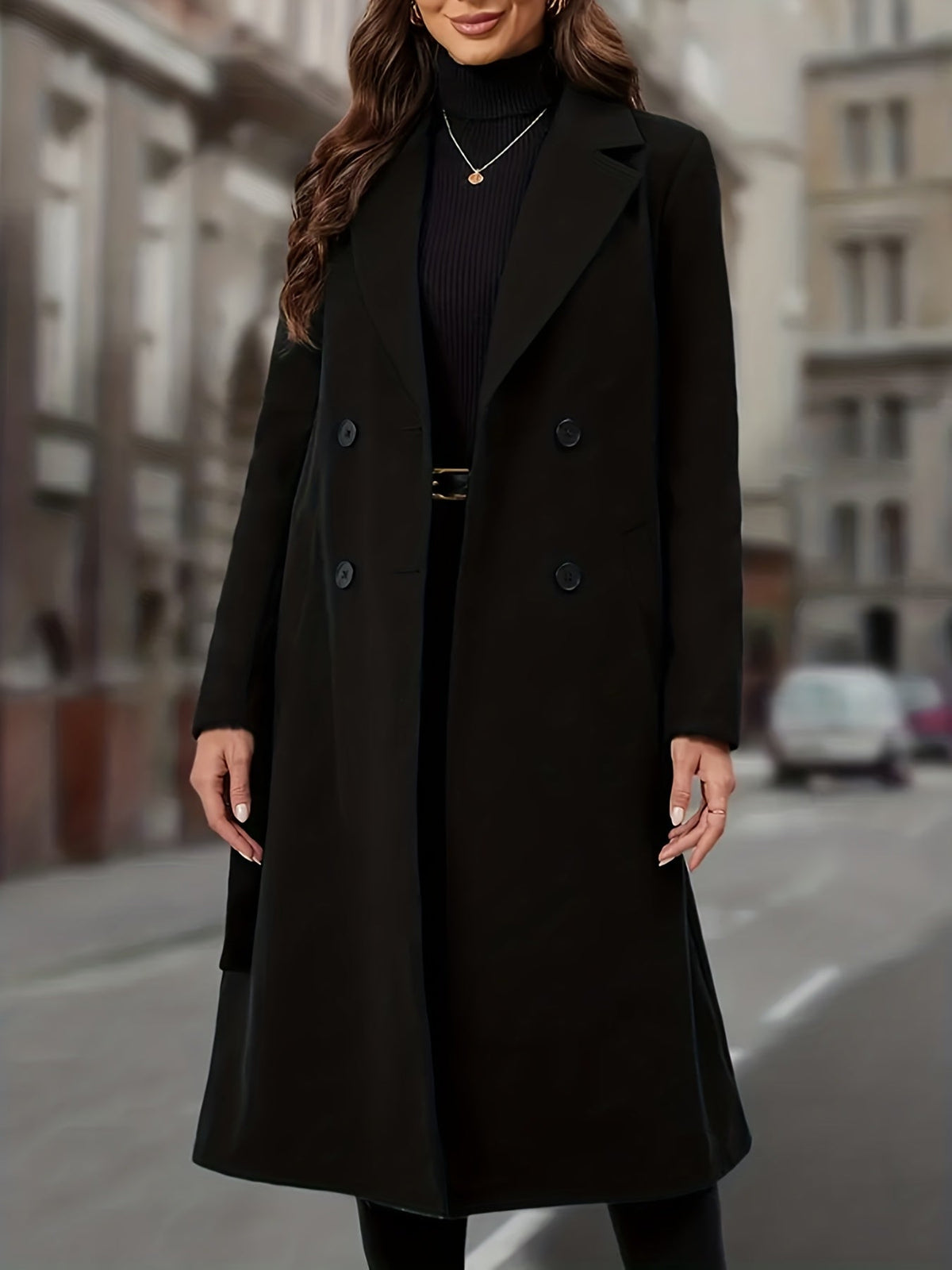Women's Clean-Lined Double-Breasted Long Coat with Deep Pockets