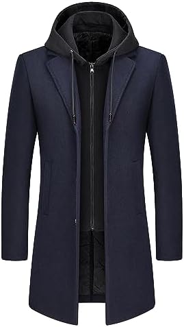 Men's Layered-Look Wool-Blend Long Coat with Built-In Hood - Navy Blue
