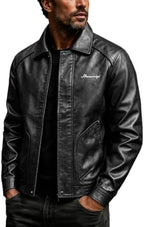 Men's Pointed-Collar Slim Jacket in a Smooth Leather-Look Finish - Black