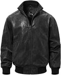 Men's Relaxed-Fit Real Leather Bomber with Raised Collar - Black